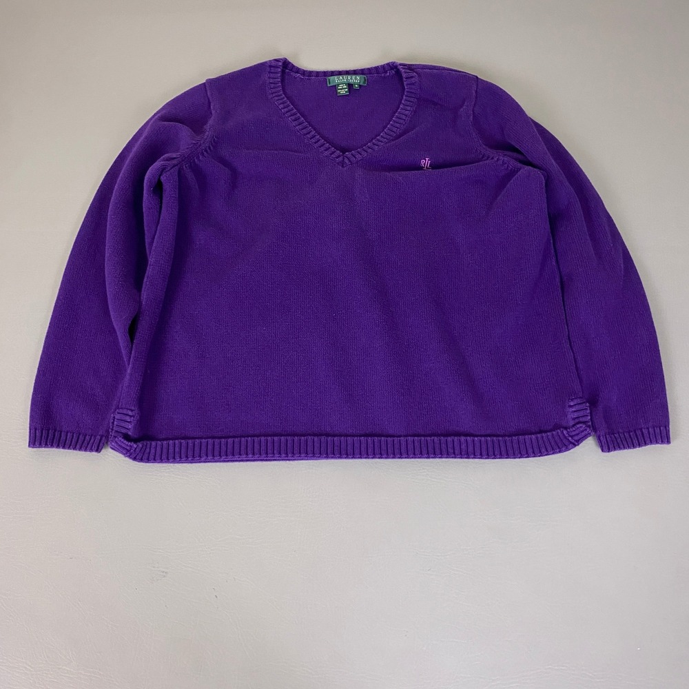 Lauren Ralph Lauren Sweater Womens Plus 1X Purple Cotton V-Neck Embroidered Logo